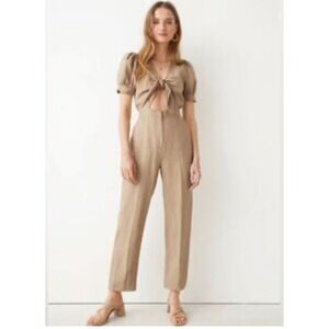 & Other Stories Linen Blend Tie Front Jumpsuit Tan Beige Puff Sleeve Wide Leg